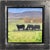 This oil on panel artwork depicts a serene rural scene featuring three cows grazing in a lush green field, set against a...