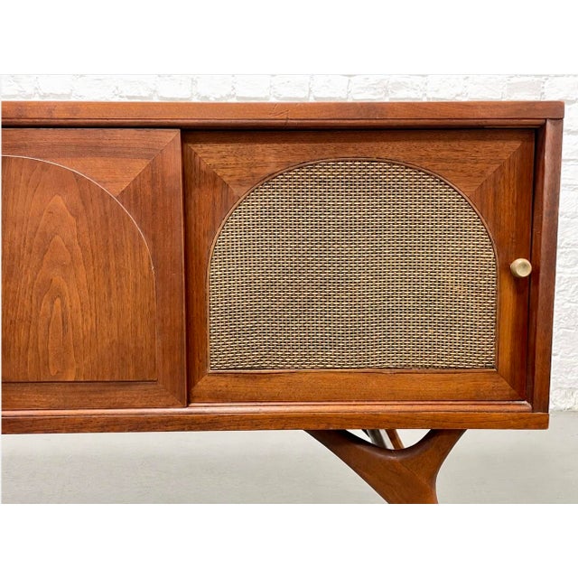 Long + Low Mid Century Modern Walnut and Cane Credenza | Sculptural Kagan Style Wishbone Leg Sideboard, C. 1960's For Sale - Image 9 of 15