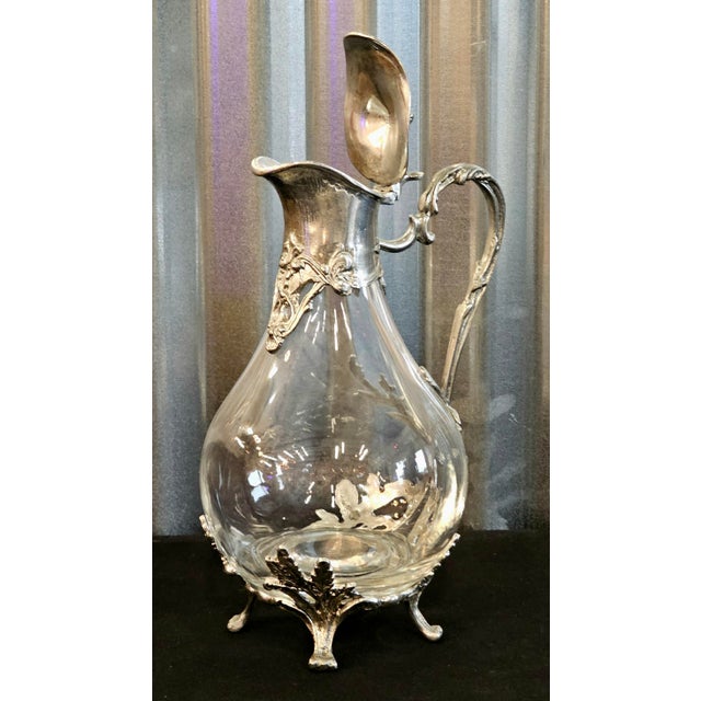 Vintage French Style Étain Pewter & Glass Claret Jug Pitcher With Hinged Lid For Sale - Image 11 of 18
