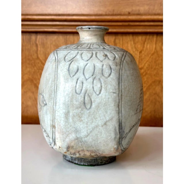 Ceramic Antique Korean Buncheong Flat Bottle Vase with Incised Designs For Sale - Image 7 of 12