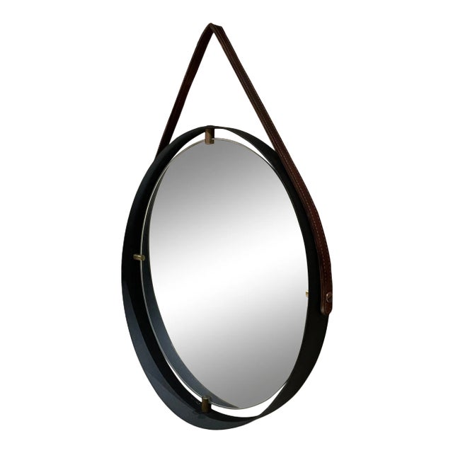 French Modernist Jacques Adnet Equestrian Leather Round Wall Mirror For Sale
