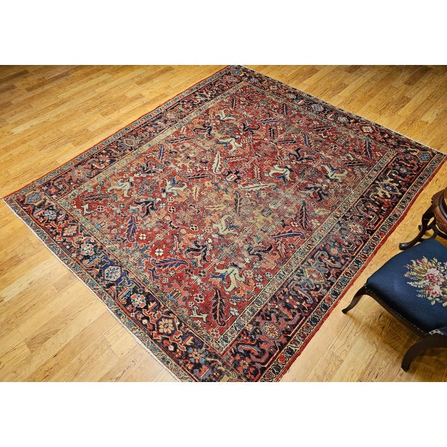 Antique Persian Heriz Serapi Rug, Hand-Knotted Wool, All-Over Geometric Pattern, Brick & Navy, 8x9 For Sale - Image 14 of 15