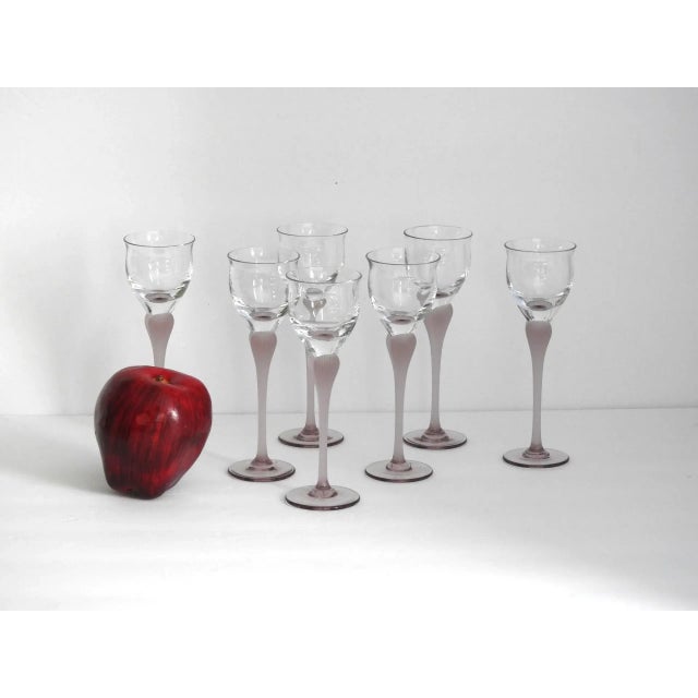 1990s Mikasa sea mist cordial glasses, amethyst hearts design. Set of 7. Excellent condition. Each glass is approx. 6"...