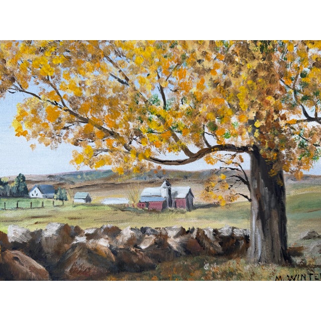 1970's M. Winters “Wisconsin” Country Farm Landscape Oil on Canvas Board Painting, Framed For Sale - Image 4 of 11