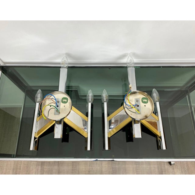 1970s Chrome & Brass Geometric Sconces by Sciolari, Italy, 1970s, Set of 2 For Sale - Image 5 of 9