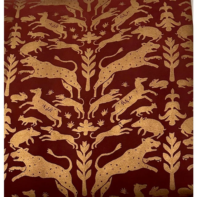 Hollywood Regency Italian Brass Bench With Printed Leather Upholstery For Sale - Image 4 of 12