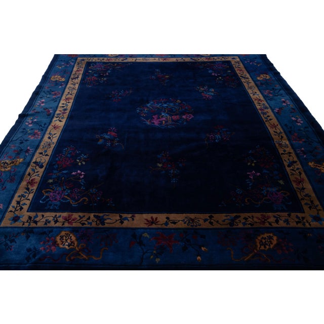 Chinese Antique Peking Handmade Chinese Blue Wool Rug With Traditional Floral Motif For Sale - Image 3 of 8