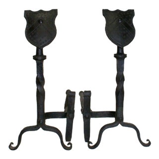 Andirons With Shield Form Finials - A Pair For Sale