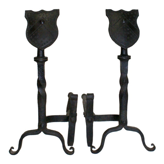 Andirons With Shield Form Finials - A Pair For Sale