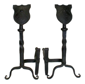 Antique Andirons With Shield Form Finials - A Pair
