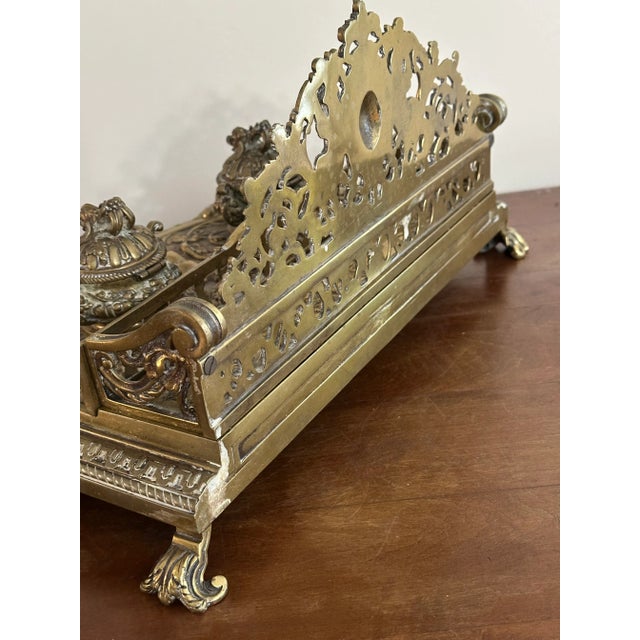 Antique Cast Brass Double Inkwell With Letter Holder – Ornate Baroque French Louis XIV Style, 10+ LBS For Sale - Image 9 of 13