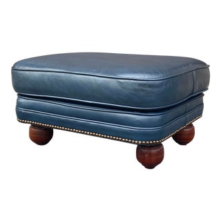 Blue Top Grain Leather Ottoman by Classic For Sale