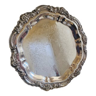 Vintage Ornate Round Serving Tray - Footed Silver Plated Serving Platter Tray For Sale