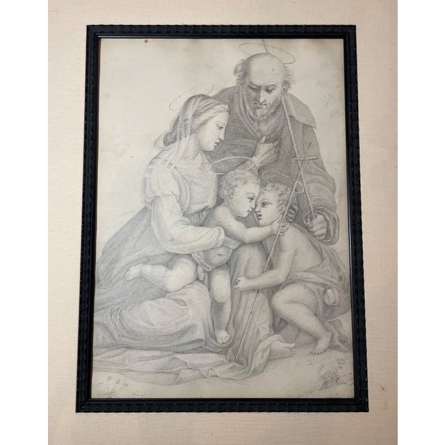 Black Antique 16th Century Original Religious the Holy Family Pencil Drawing Sketch For Sale - Image 8 of 13