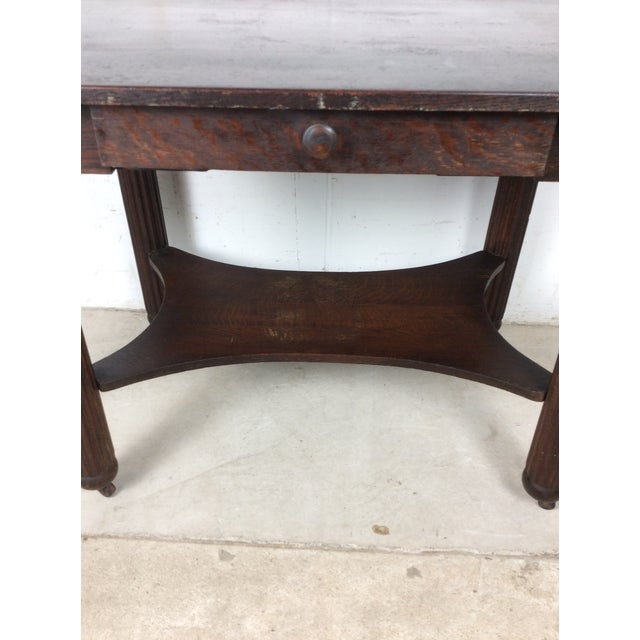 Antique Oak Writing Table With Drawer and Turned Wood Legs on Wheels For Sale - Image 10 of 10
