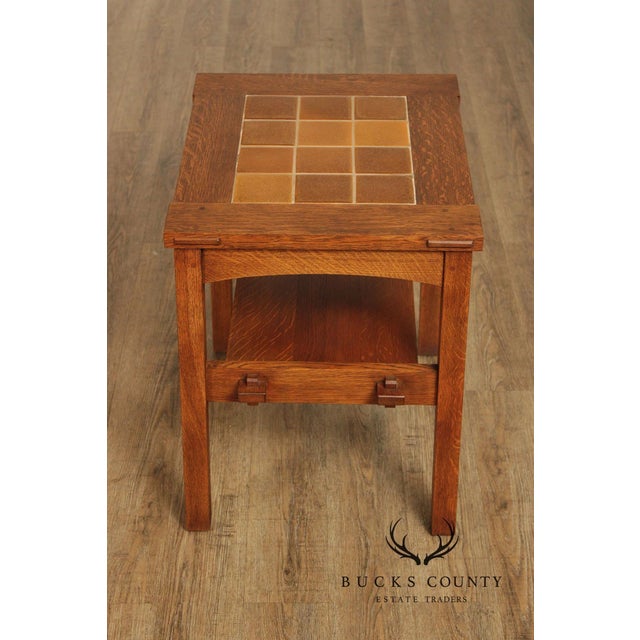 2000 - 2009 Stickley Mission Collection Pair Of Oak Tile Top End Tables For Sale - Image 5 of 18