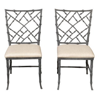 Pair of English Chinese Chippendale Style Midcentury Side Chairs with Upholstery For Sale