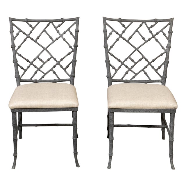 Pair of English Chinese Chippendale Style Midcentury Side Chairs with Upholstery For Sale
