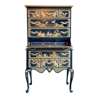 20th Century Maddox Black Chinoiserie Secretary Chest - Two Piece For Sale