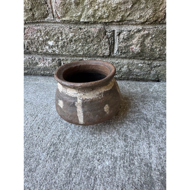 Rustic Small Vintage Rustic Indian Brown Clay Pot With Custom Metal Ring For Sale - Image 3 of 9