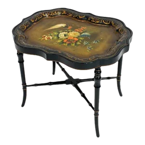 19th Century Hand Painted Tole Tray Top and Bamboo Base Coffee Table