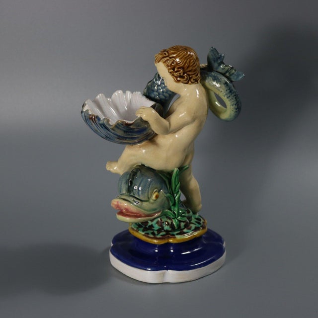 Victorian Minton Majolica Boy and Dolphin Salt For Sale - Image 3 of 12
