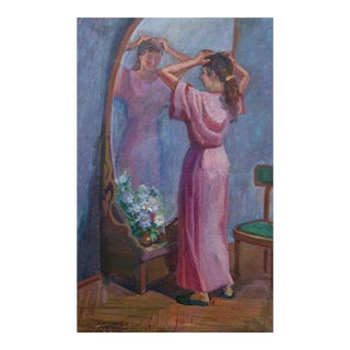 Ukrainian Artist Oil Painting: Girl Before Mirror, Socialist Realism, 1992 127-85 For Sale