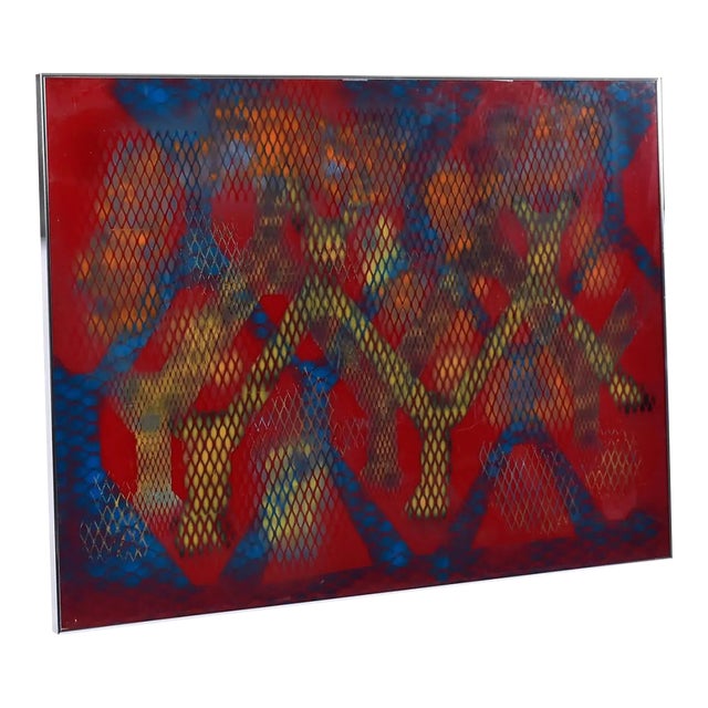 Jack Beckemeyer 1976 Large Red Blue Orange and Yellow Printed Acetate Painting For Sale