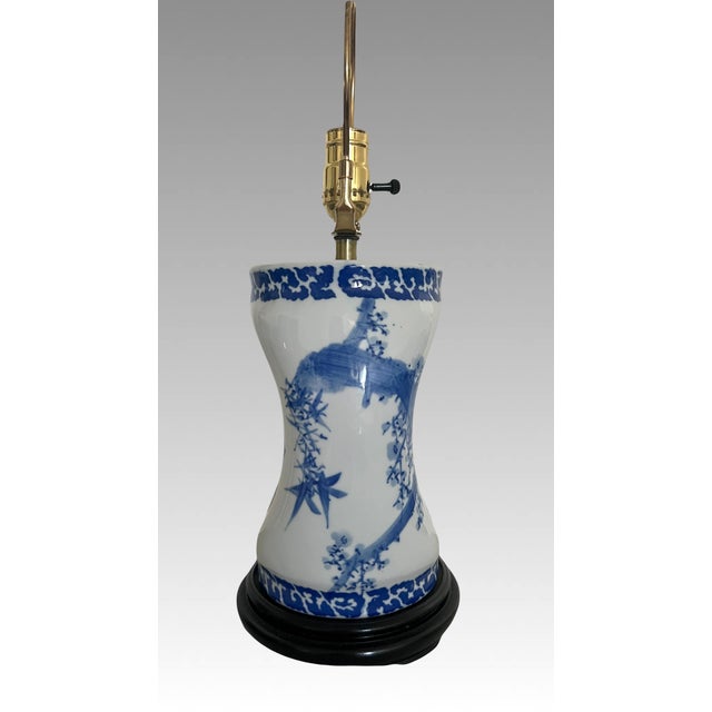 Vintage Chinese 'Opium Pillow' Blue and White Porcelain Bedside Lamp / Table Lamp For Sale - Image 4 of 10