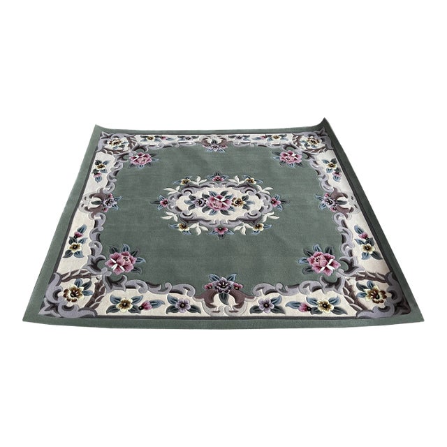2020s Rectangular Corduroy Green Gray Floral Motif Graphic Wool Rug Carpet For Sale