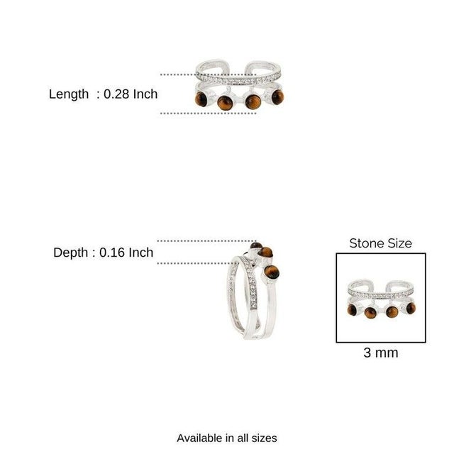 Boho Tiger’s Eye & Zircon Double Band Ring in 925 Silver, Size 8.5 For Sale - Image 9 of 11