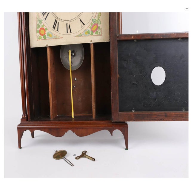 Early 19th C. American Mahogany Pillar & Scroll Clock With Églomisé Landscape Scene For Sale - Image 4 of 10