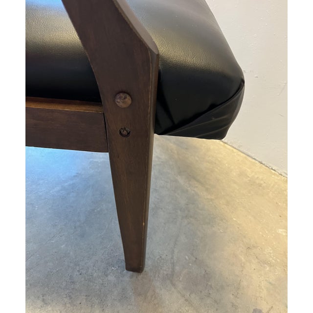 Mid-20th Century Black, Button-Tufted, Faux Leather Accent Chair With Wooden Legs & Arms - Vintage Charm! For Sale - Image 10 of 15