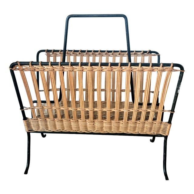Mid-Century Modern Woven Rattan and Black Wrought Iron Magazine Rack, 1950s For Sale