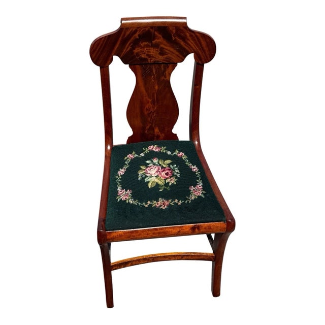 Traditional 1940s Flame Mahogany Empire Side Chair Original Needlepoint Seat Refurbished For Sale - Image 3 of 16
