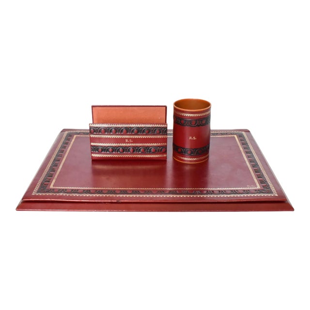 Vintage Red Leather Desk Set - Document Holder, Pencil Cup, and Letter Holder For Sale