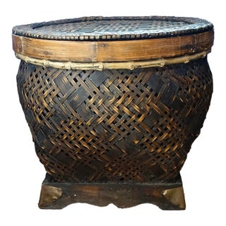 1940s Round Thai Bamboo Basket w.Lid For Sale
