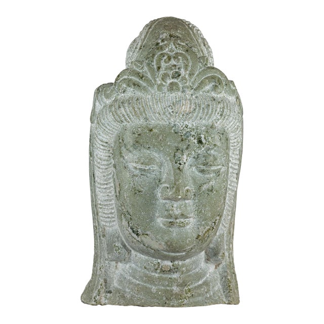 Hand-Carved Vintage Chinese Stone Quán Yīn Head Sculpture with Natural Patina For Sale