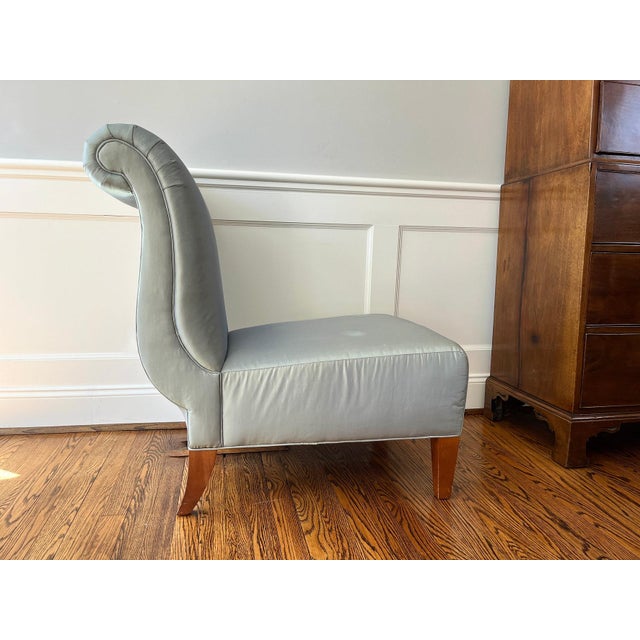 Pair of Barbara Barry for Baker Celadon Silk, Scroll Back Slipper Chairs For Sale In Nashville - Image 6 of 12