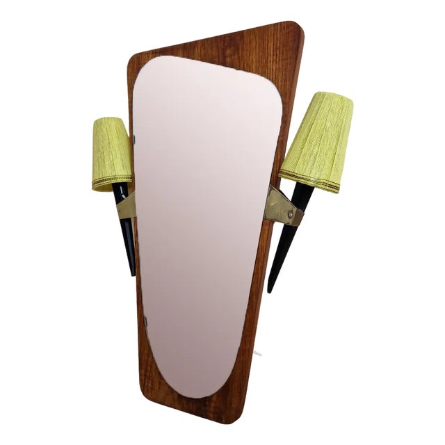 Teak Mirror with Sconces, 1960s For Sale