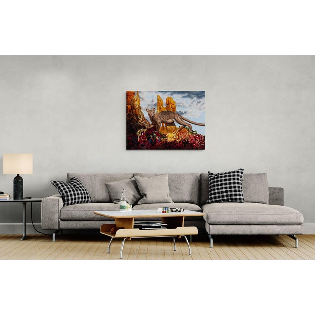 In "Fossa," a striking oil on canvas, a fossa, with its sleek form and inquisitive gaze, traverses a surreal landscape...