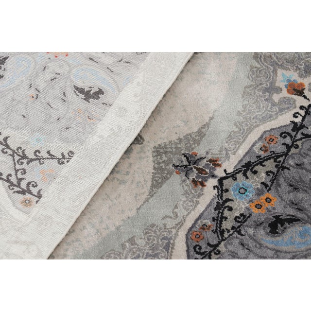 Gray Rug & Kilim’s Modern Square Rug in Silver, Black, Blue With Medallion “Shekar” For Sale - Image 8 of 8