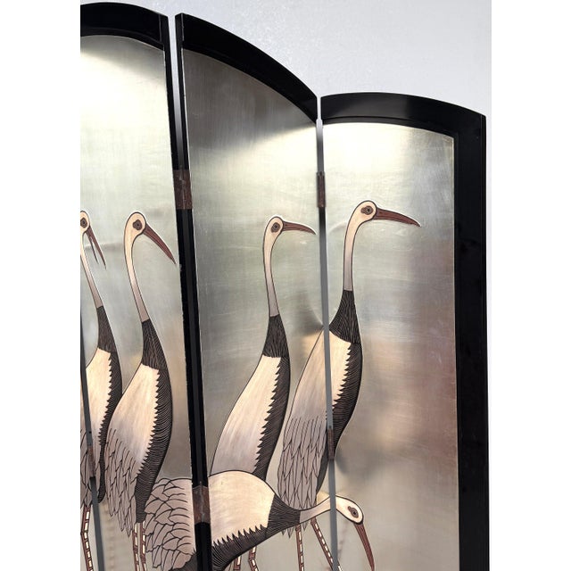 Art Deco Art Deco Style Six-Panel Silver Leaf Crane Screen, Hong Kong, Circa 1980 For Sale - Image 3 of 18