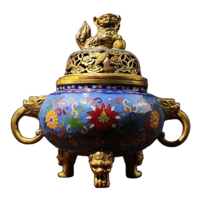 Late 20th Century Cloisonné Enamel Censer With Lion Finial and Dragon Handles For Sale