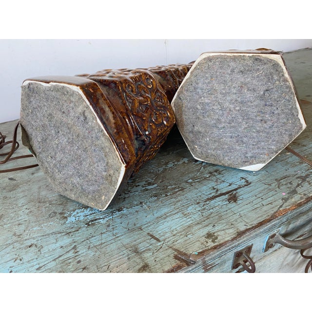 Vintage Large Ceramic Brown Drip-Glazed Retro Pottery Table Lamps - a Pair For Sale - Image 6 of 13