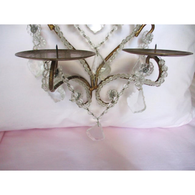 Vintage Hollywood Regency Ornate Gold Tole & Crystal Prisms Double Candle Wall Sconce For Sale - Image 4 of 6