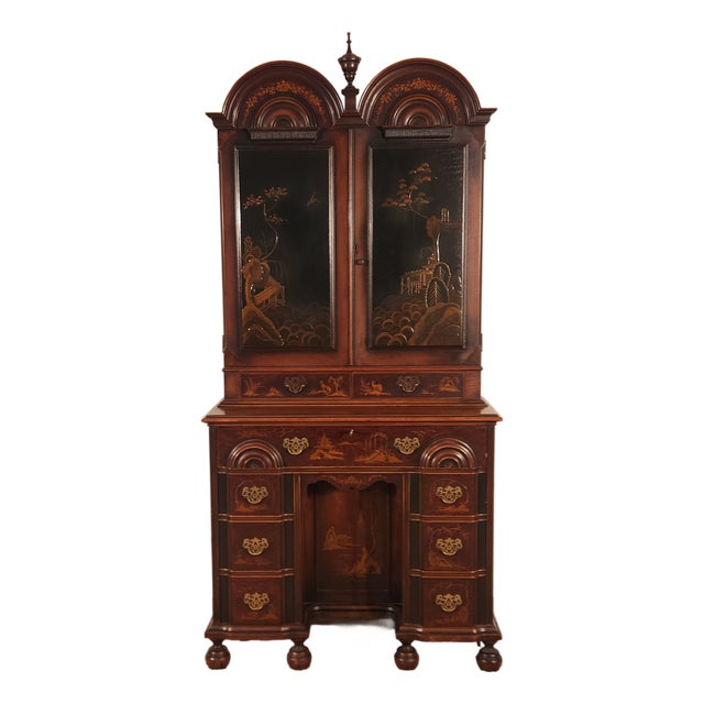 Antique Colby Furniture Chicago Chinoiserie Goddard Style Bureau W/ Bookcase For Sale