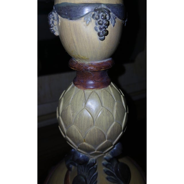 Vintage majolica table lamp features a distinctive, hand-painted resin baluster-style body decorated with Renaissance...