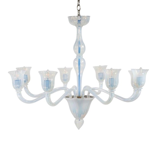 Large Vintage Eight Arm Opaline Murano Glass Chandelier in the Manner of Barovier & Toso For Sale