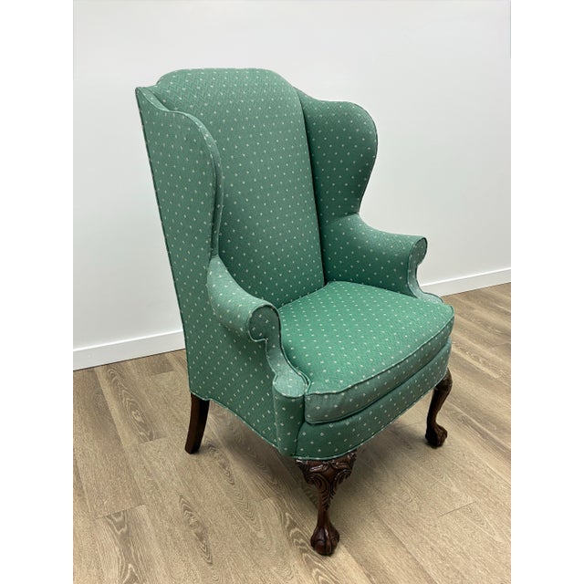Chippendale Pair of Hickory Chair Chippendale Style Wingback Lounge Chairs in Sage Green Upholstery For Sale - Image 3 of 7